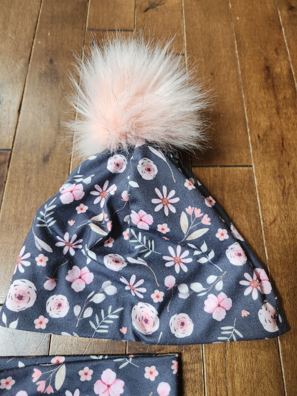 Girls Floral Fall Hat, Neck Warmer & Mittens Set — Pink on Charcoal - Picture 2 of 8